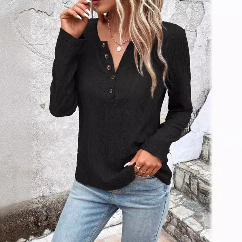 Womens Knitted V Neck Jumper with Button Front and Cable Knit Detail