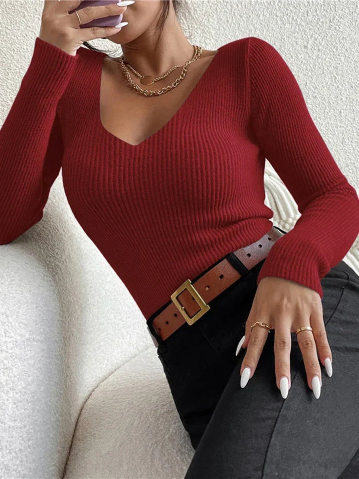 Womens Ribbed V Neck Jumper with Long Sleeves and Fitted Silhouette