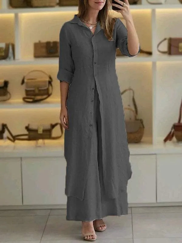 Two Piece Set Button Front Top Maxi Skirt Relaxed Elegant Style