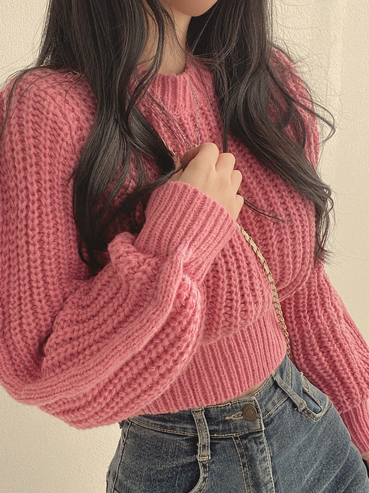 Womens Chunky Knit Jumper with Round Neck and Balloon Sleeves