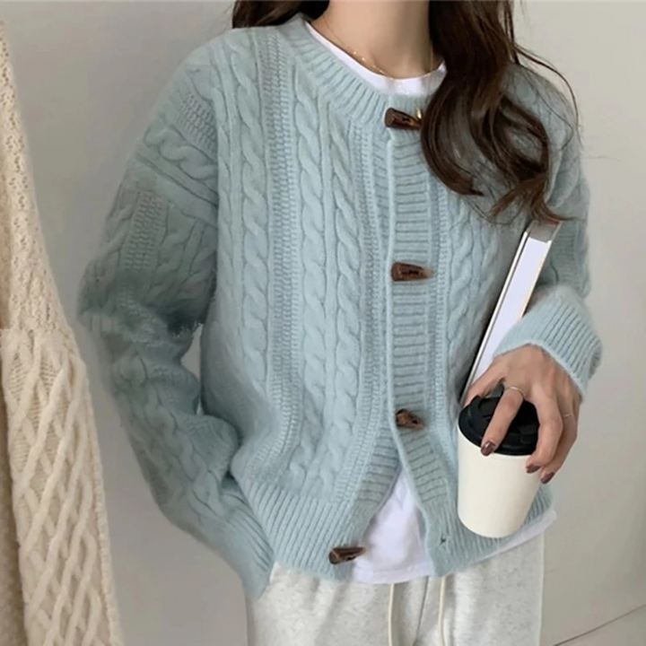 Womens Cable Knit Cardigan with Round Neck and Button Front