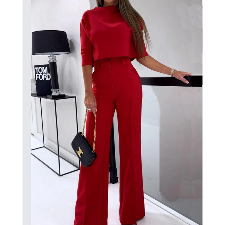 Two Piece Set Short Sleeve Top Wide Leg Trousers Elegant Style
