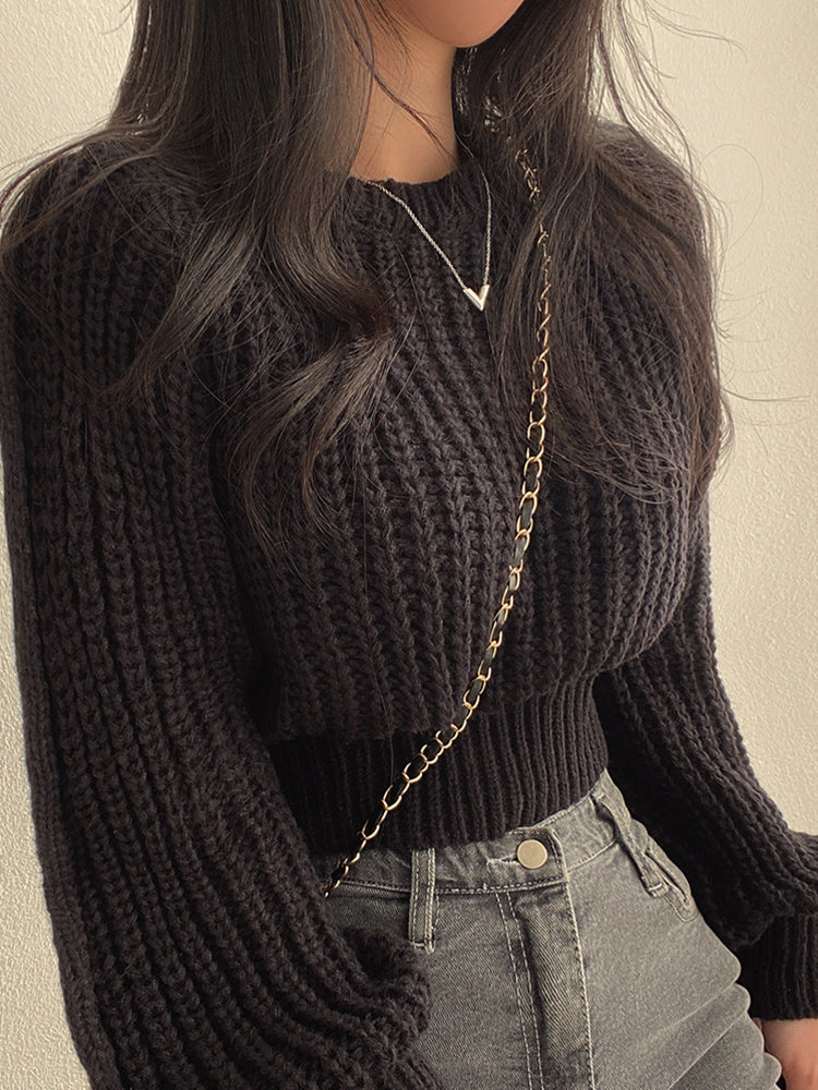 Womens Chunky Knit Jumper with Round Neck and Balloon Sleeves