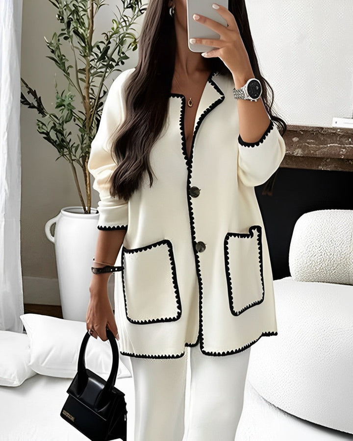 Womens Contrast Trim Cardigan with Button Front and Patch Pockets
