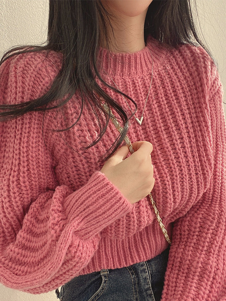 Womens Chunky Knit Jumper with Round Neck and Balloon Sleeves