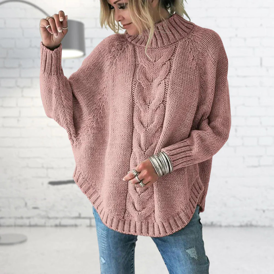 Womens Cable Knit Turtleneck Jumper with Relaxed Fit and Ribbed Detail
