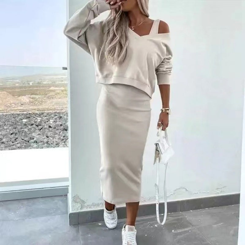 Two Piece Set V Neck Top Fitted Midi Skirt Elegant Style