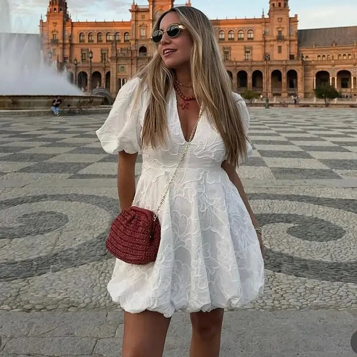 Mini Dress 3D Floral Pattern Puff Sleeves Elegant Style
