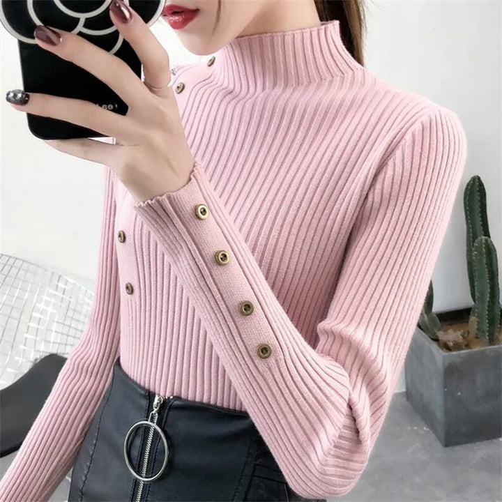 Womens Ribbed Turtleneck Jumper with Button Sleeve Detail and Fitted Silhouette