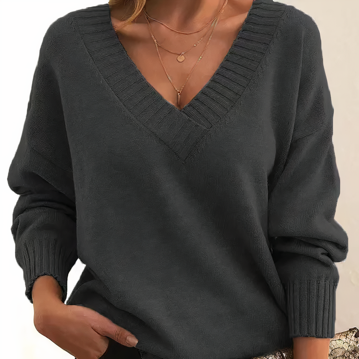 Womens V Neck Jumper with Ribbed Trim and Relaxed Fit
