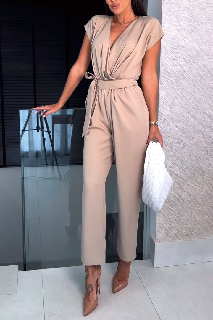 Jumpsuit V Neck Sleeveless Cinched Waist Tapered Leg Elegant Style