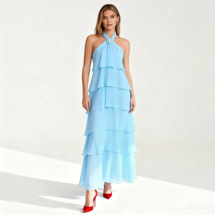Maxi Dress Halter Neck Tiered Ruffle Elegant Evening Style