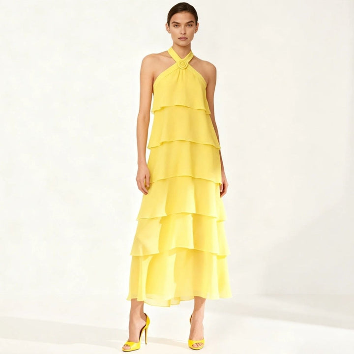 Maxi Dress Halter Neck Tiered Ruffle Elegant Evening Style
