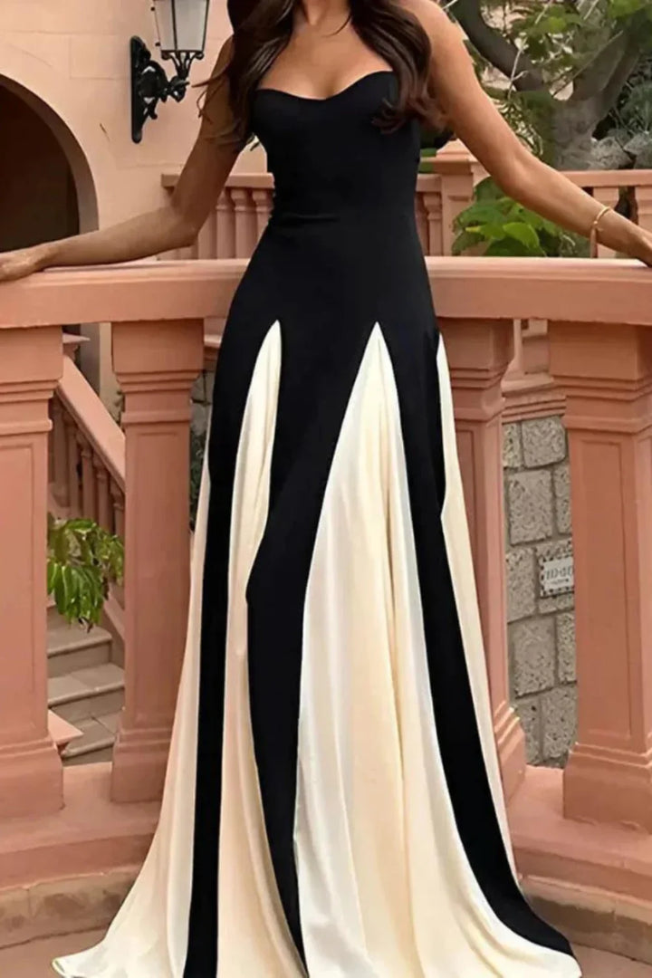 Contrast Maxi Dress Black White Structured Bodice Elegant Evening Style