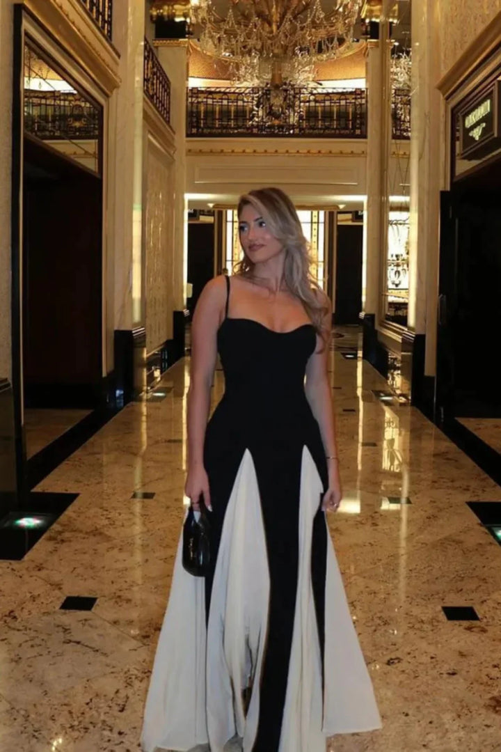Contrast Maxi Dress Black White Structured Bodice Elegant Evening Style