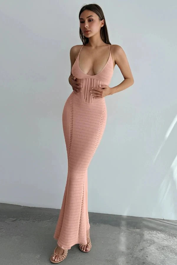 Knit Maxi Dress Plunge Neck Bodycon Elegant Evening Style