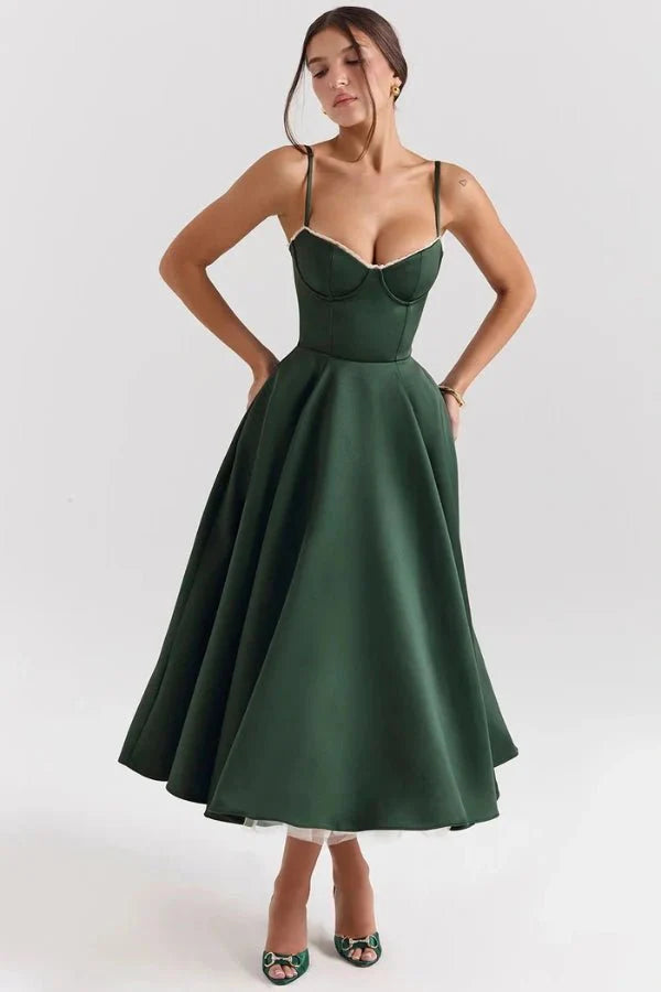Strapless Midi Dress Flared Skirt Elegant Fit and Flare Style