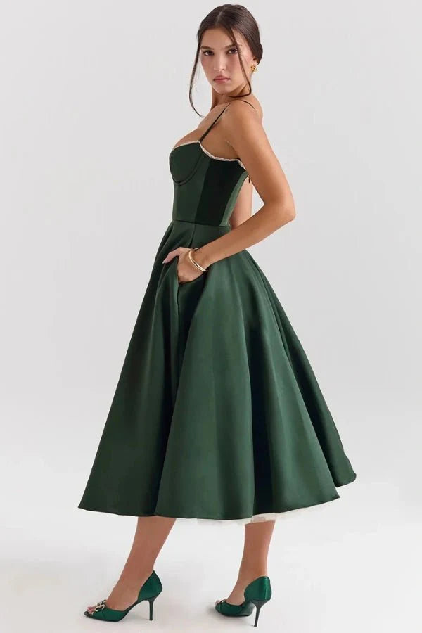 Strapless Midi Dress Flared Skirt Elegant Fit and Flare Style