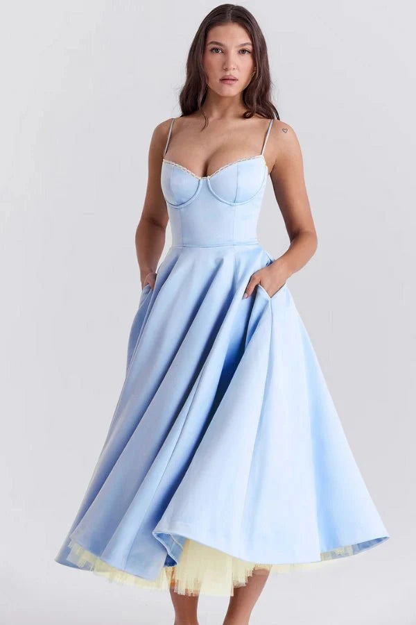 Strapless Midi Dress Flared Skirt Elegant Fit and Flare Style