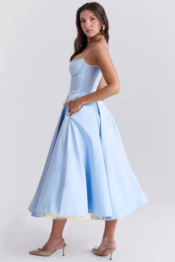 Strapless Midi Dress Flared Skirt Elegant Fit and Flare Style