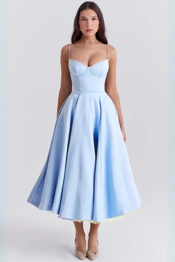 Strapless Midi Dress Flared Skirt Elegant Fit and Flare Style