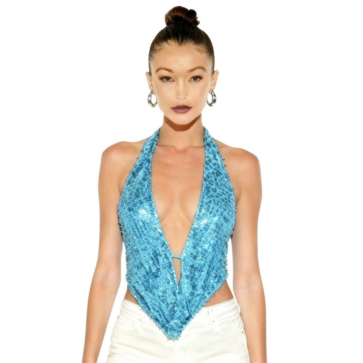 Sequin Halter Top Cowl Neck Backless Statement Evening Style