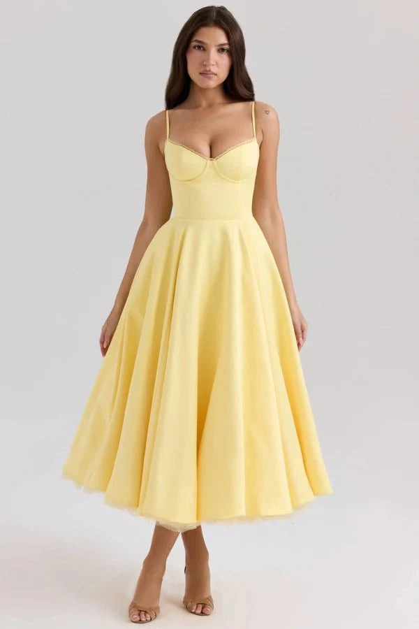 Strapless Midi Dress Flared Skirt Elegant Fit and Flare Style