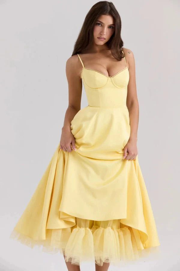 Strapless Midi Dress Flared Skirt Elegant Fit and Flare Style