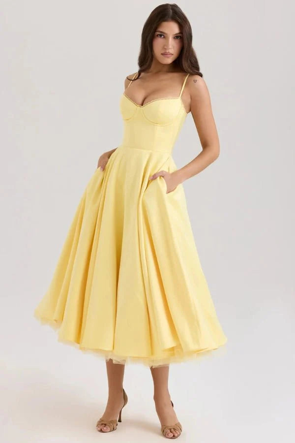 Strapless Midi Dress Flared Skirt Elegant Fit and Flare Style