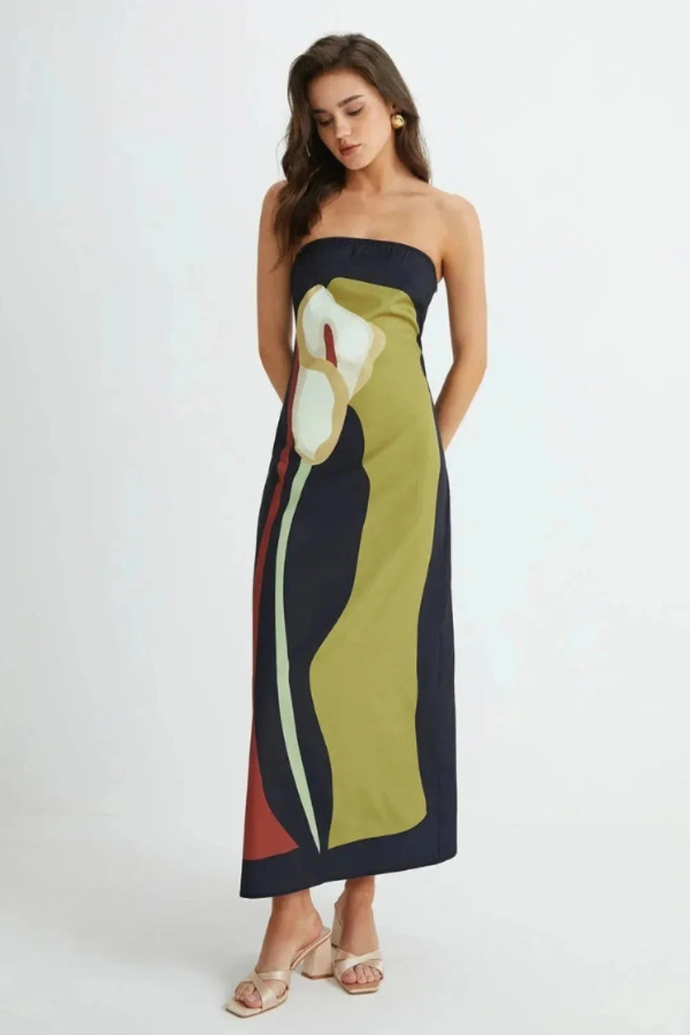 Strapless Maxi Dress Abstract Floral Print Column Elegant Evening Style