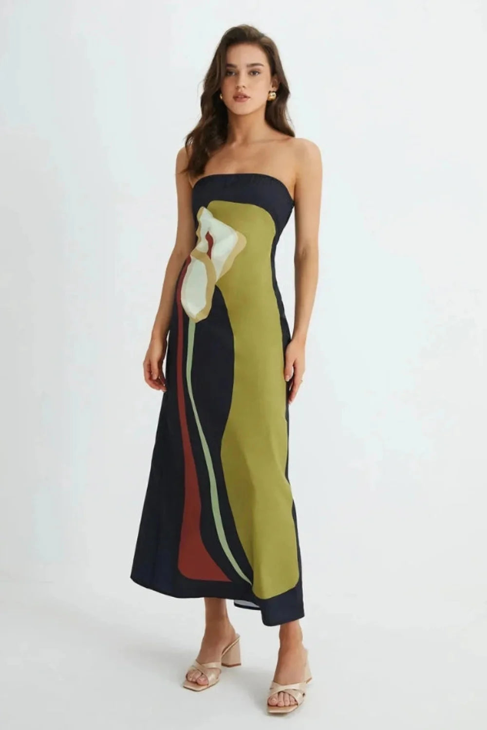 Strapless Maxi Dress Abstract Floral Print Column Elegant Evening Style