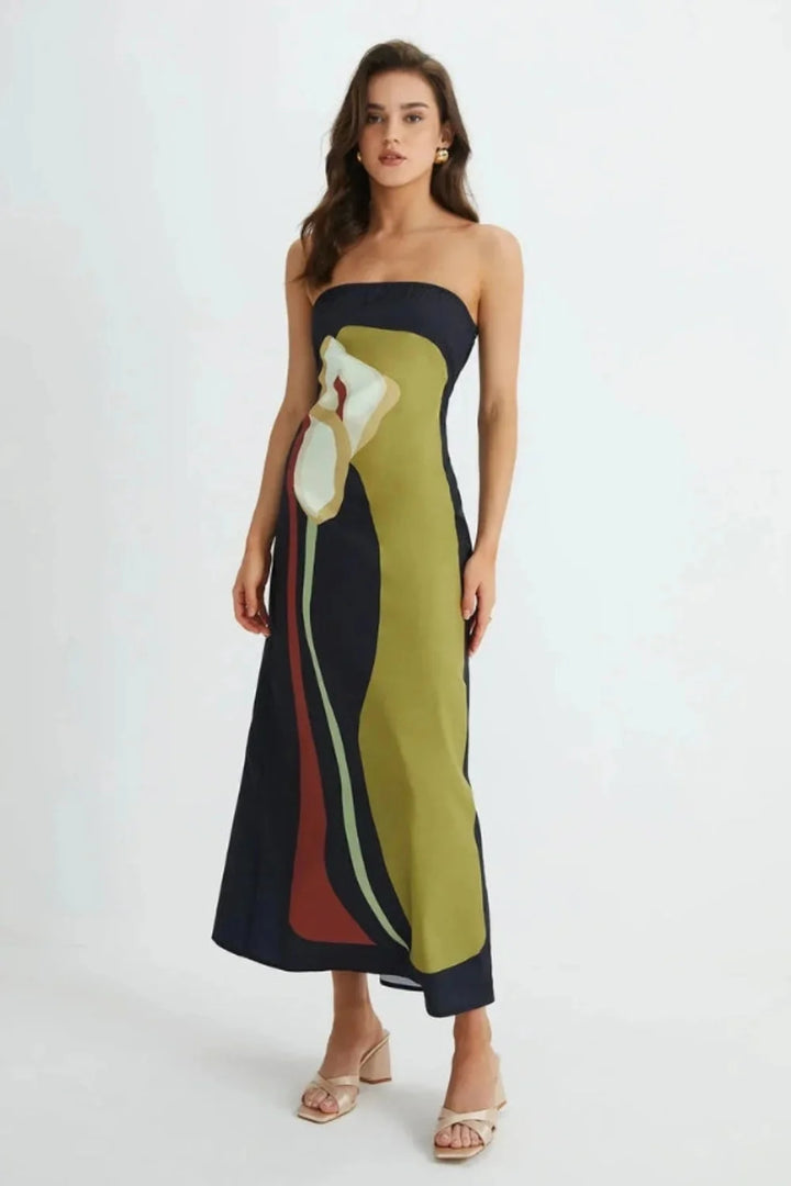 Strapless Maxi Dress Abstract Floral Print Column Elegant Evening Style