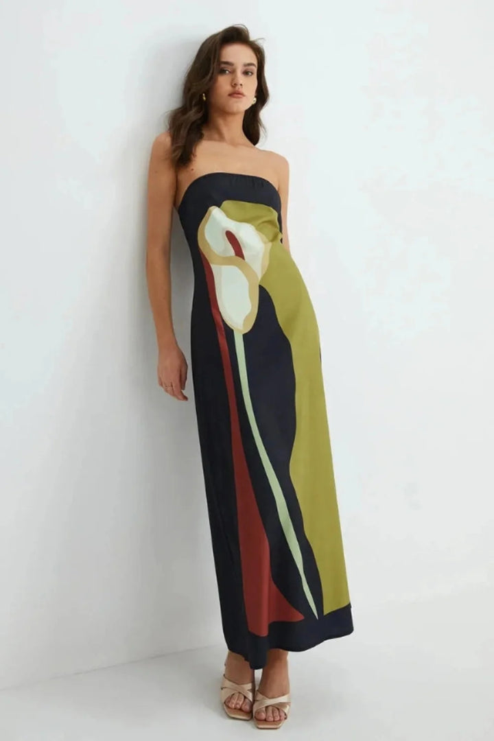 Strapless Maxi Dress Abstract Floral Print Column Elegant Evening Style