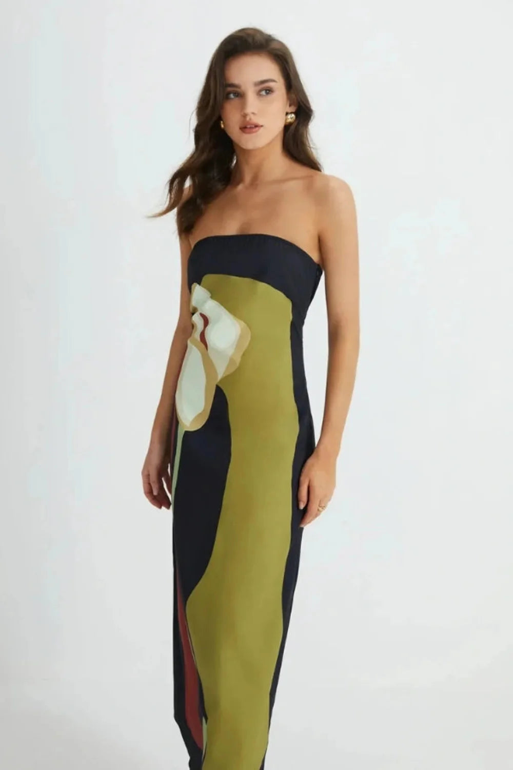 Strapless Maxi Dress Abstract Floral Print Column Elegant Evening Style