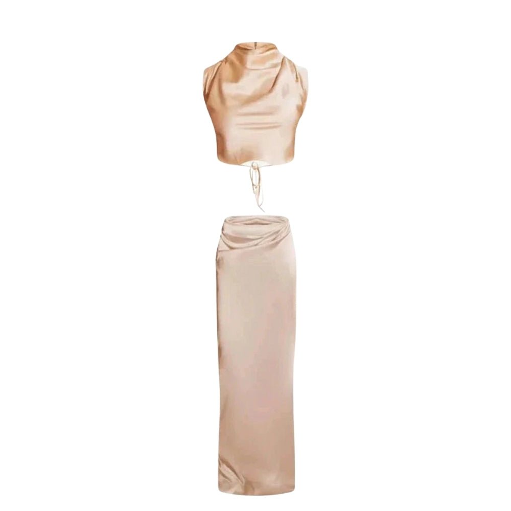 Two Piece Set Draped Sleeveless Top High Slit Maxi Skirt Elegant Style