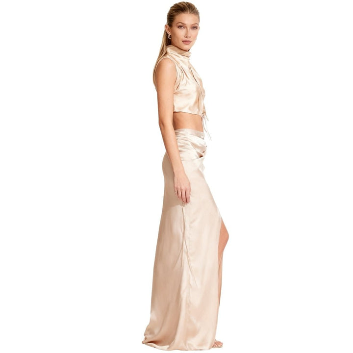 Two Piece Set Draped Sleeveless Top High Slit Maxi Skirt Elegant Style