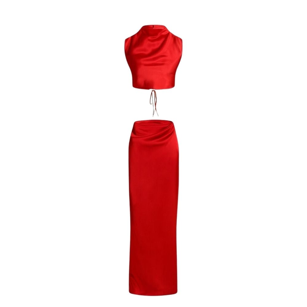 Two Piece Set Satin Crop Top Maxi Skirt Elegant Evening Style