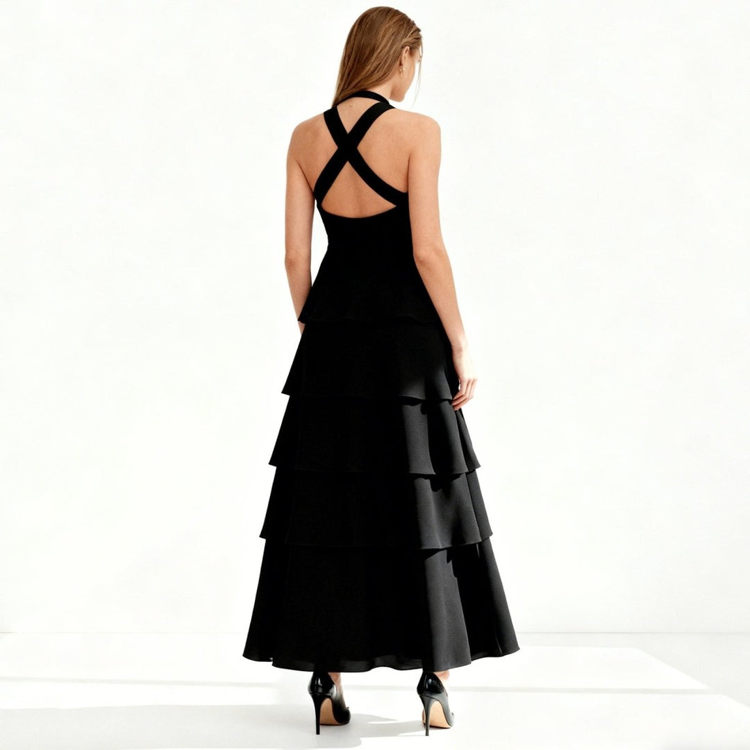 Maxi Dress Halter Neck Tiered Ruffle Elegant Evening Style