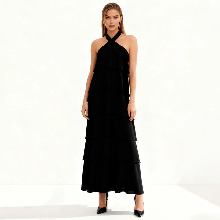 Maxi Dress Halter Neck Tiered Ruffle Elegant Evening Style