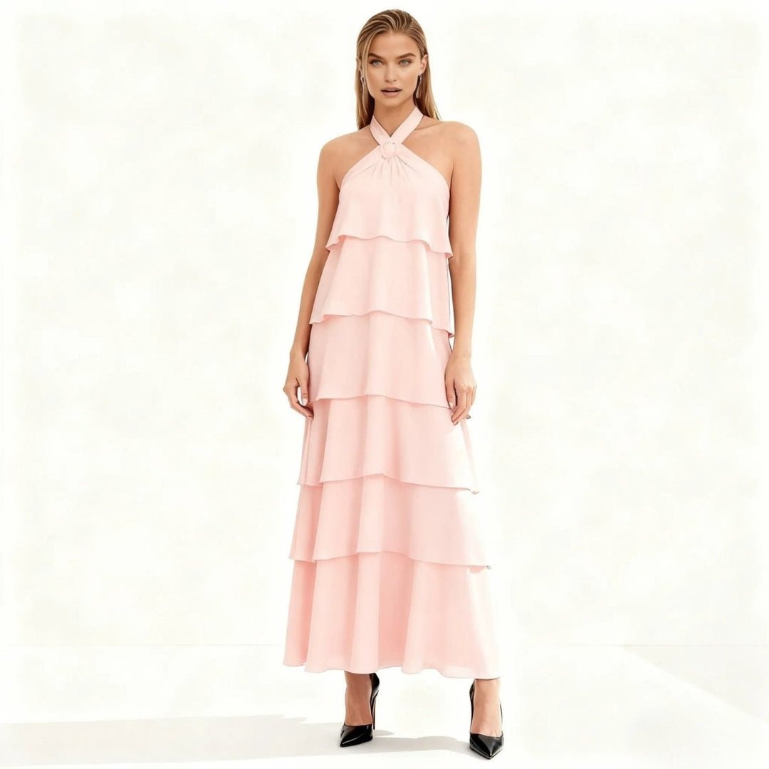 Maxi Dress Halter Neck Tiered Ruffle Elegant Evening Style