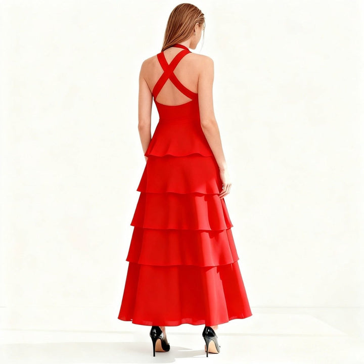 Maxi Dress Halter Neck Tiered Ruffle Elegant Evening Style