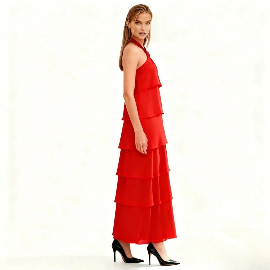 Maxi Dress Halter Neck Tiered Ruffle Elegant Evening Style