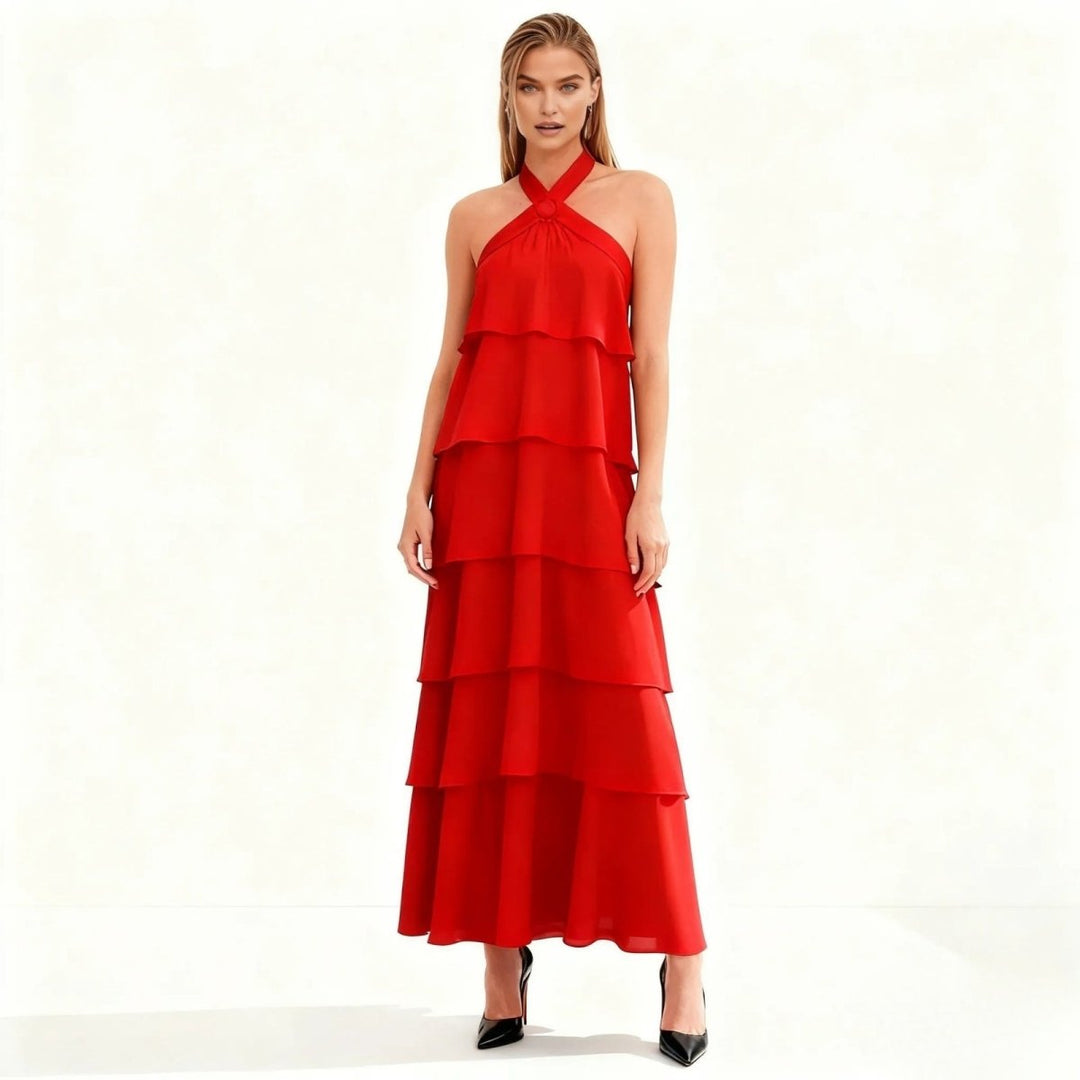 Maxi Dress Halter Neck Tiered Ruffle Elegant Evening Style