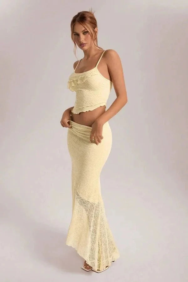 Maxi Dress Crochet Floral Lace Two Tone Elegant Boho Style