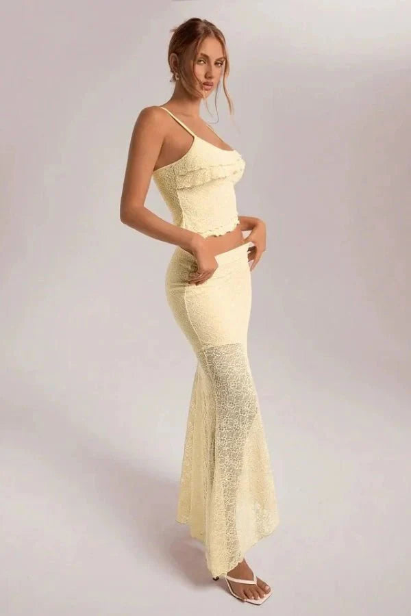 Maxi Dress Crochet Floral Lace Two Tone Elegant Boho Style