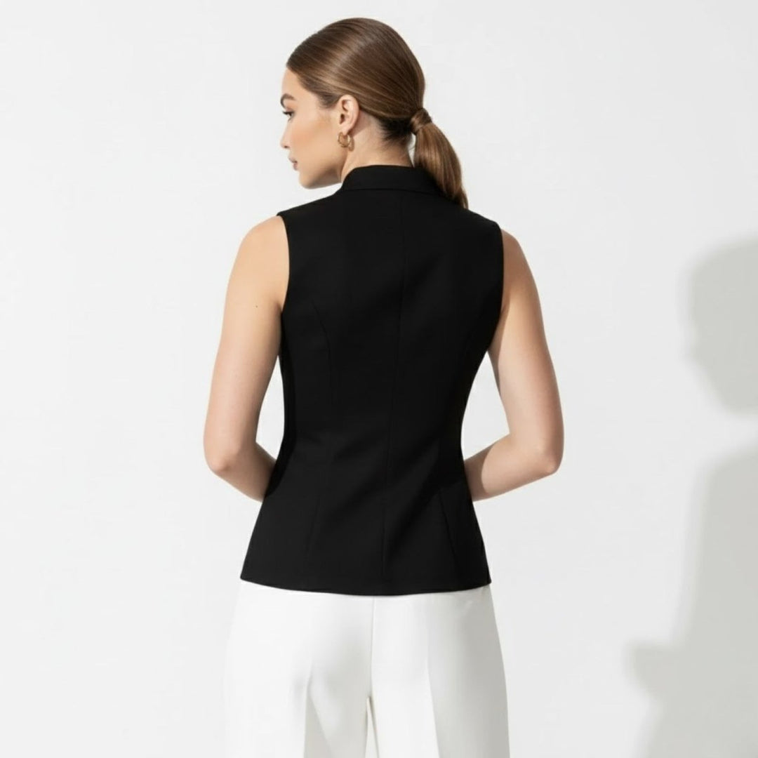 Sleeveless Blouse Gold Button Tailored Vest Elegant Office Style