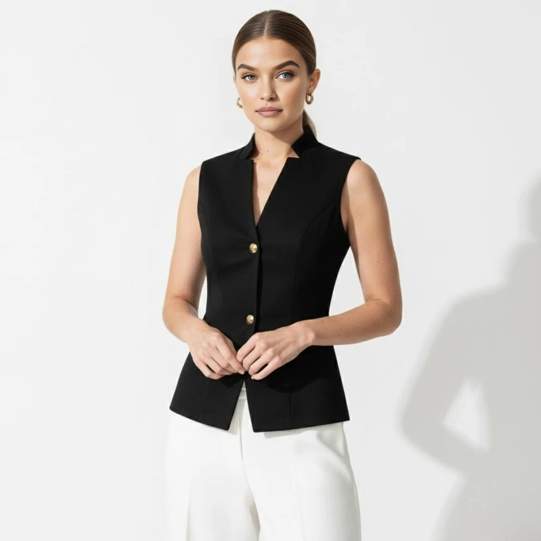 Sleeveless Blouse Gold Button Tailored Vest Elegant Office Style