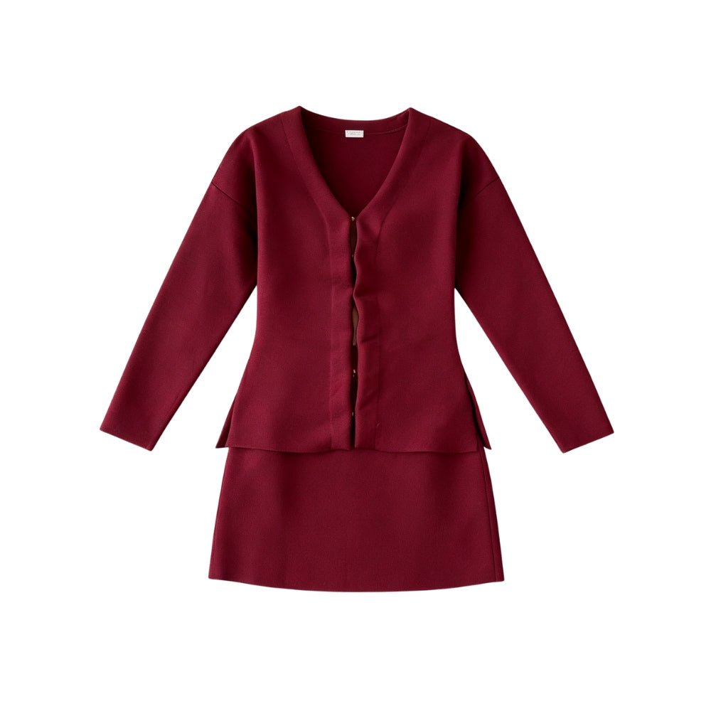 Two Piece Set V-Neck Knit Cardigan Mini Skirt Elegant Co-Ord Style