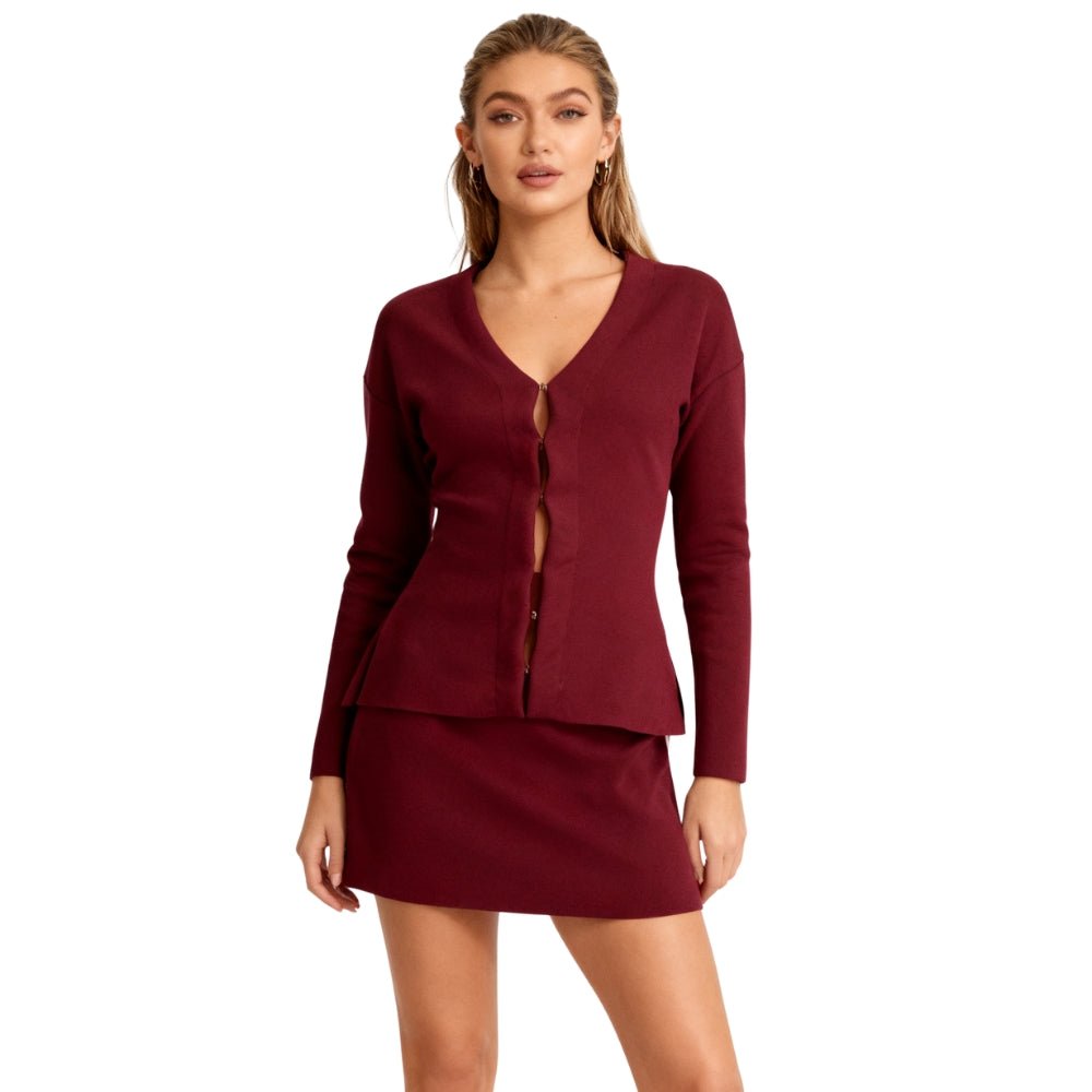 Two Piece Set V-Neck Knit Cardigan Mini Skirt Elegant Co-Ord Style