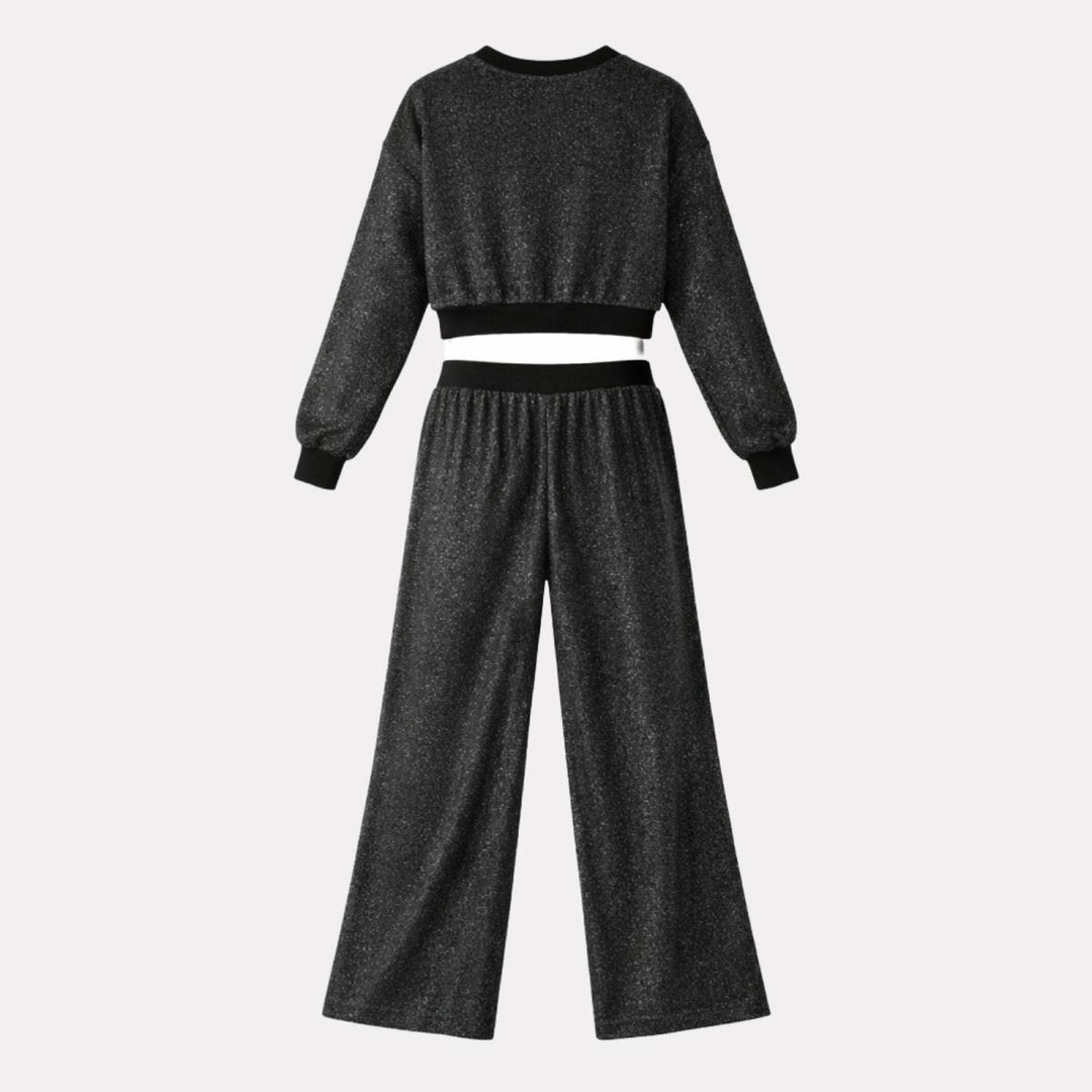 Two Piece Glitter Knit Crop Top and Wide Leg Trousers Set – Evening Glam Style